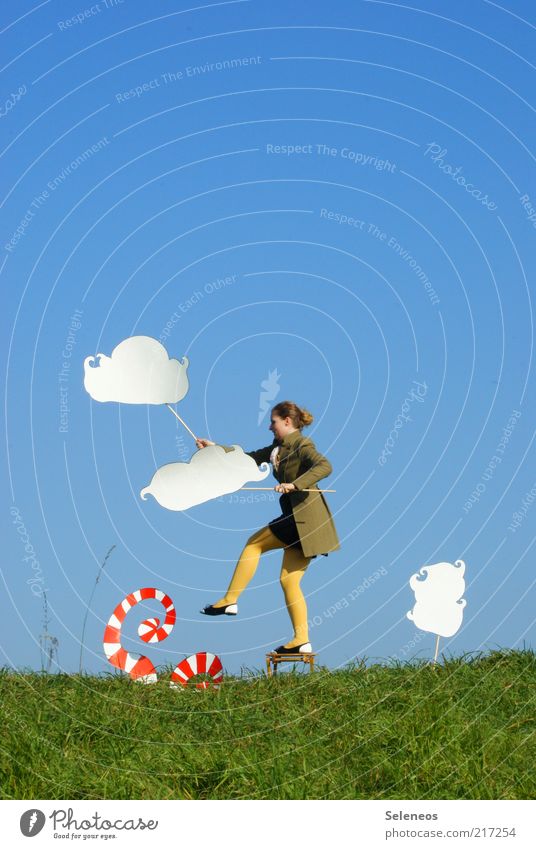 Let's make clouds Trip Freedom Human being Feminine Woman Adults Environment Nature Sky Climate Beautiful weather Grass Meadow Tights Signs and labeling Crazy