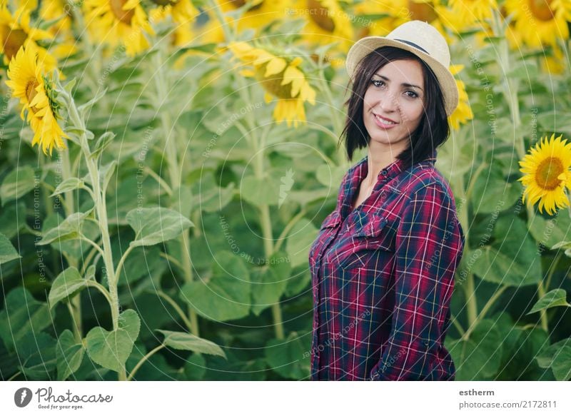 smiling girl in Sunflower Field Lifestyle Joy Beautiful Wellness Vacation & Travel Summer Summer vacation Human being Feminine Young woman Youth (Young adults)