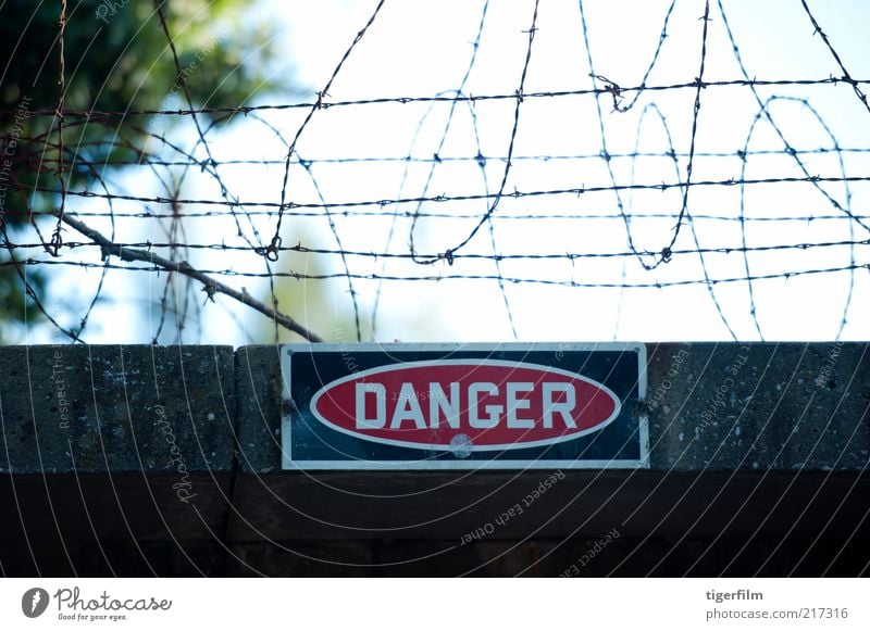 danger sign under barbed wire fence Danger of Life Sign Building Wire Entrance barred Fence Coil Wall (building) Wall (barrier) Cement Red Safety (feeling of)