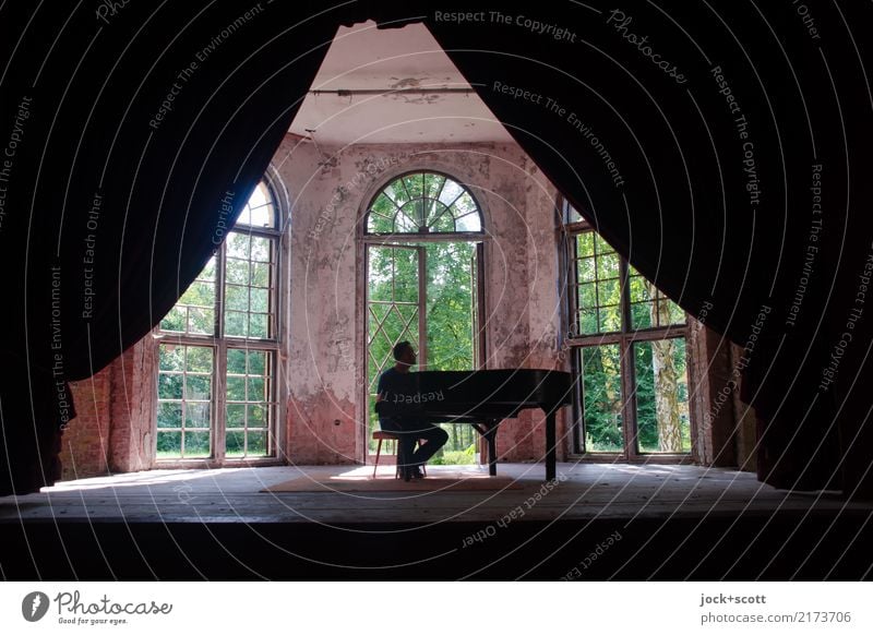 Alone with piano in a lost room Man Adults Stage Piano concert Music Summer Brandenburg Ruin Window Drape Relaxation Sit Historic Retro Emotions Moody Virtuous