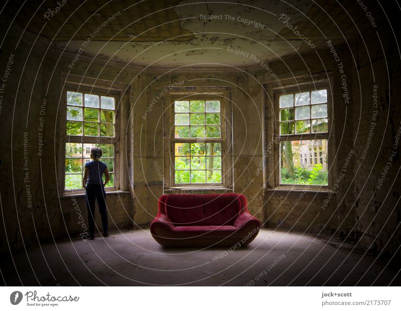 Lost and Found Style Interior design Sofa Room Woman Adults Human being Ruin Window Stand Dirty Historic Emotions Moody Contentment Symmetry Decline Transience