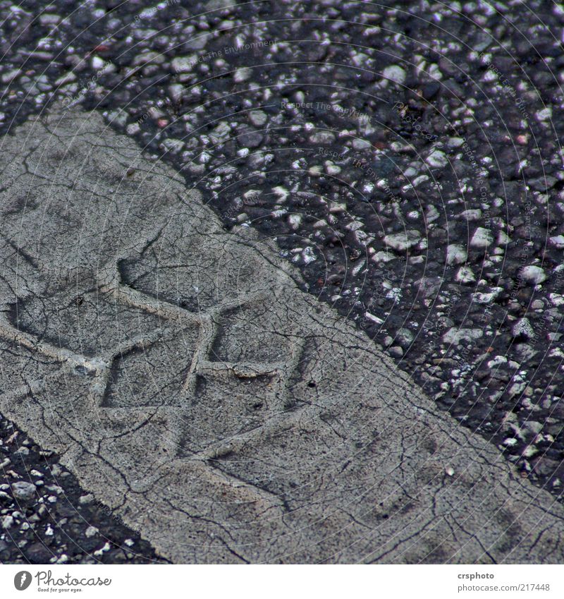 Impressive Deserted Street Old Dirty Gray Skid marks Tire tread Asphalt Pebble Imprint Crack & Rip & Tear Colour photo Exterior shot Day Detail