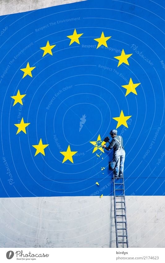 EU withdrawal / relaunch Construction site Masculine 1 Human being Work of art Wall (barrier) Wall (building) Ladder Sign Graffiti European flag