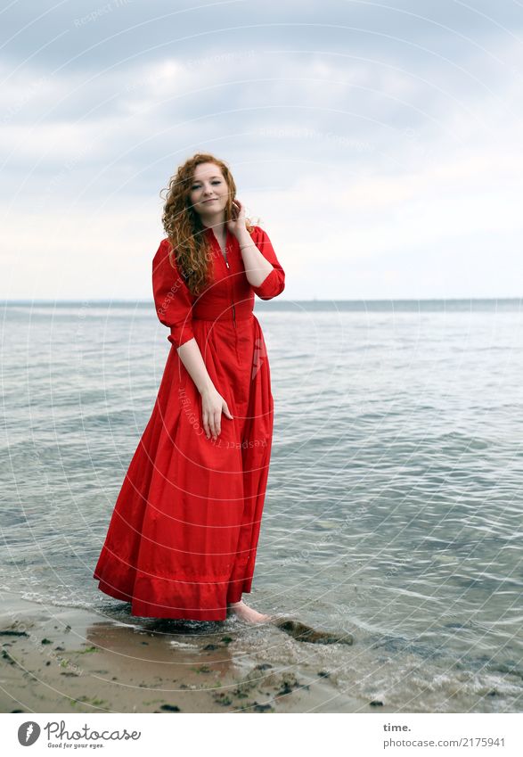 nina Feminine Woman Adults 1 Human being Water Sky Clouds Coast Baltic Sea Dress Barefoot Red-haired Long-haired Curl Observe Relaxation Smiling Looking Stand