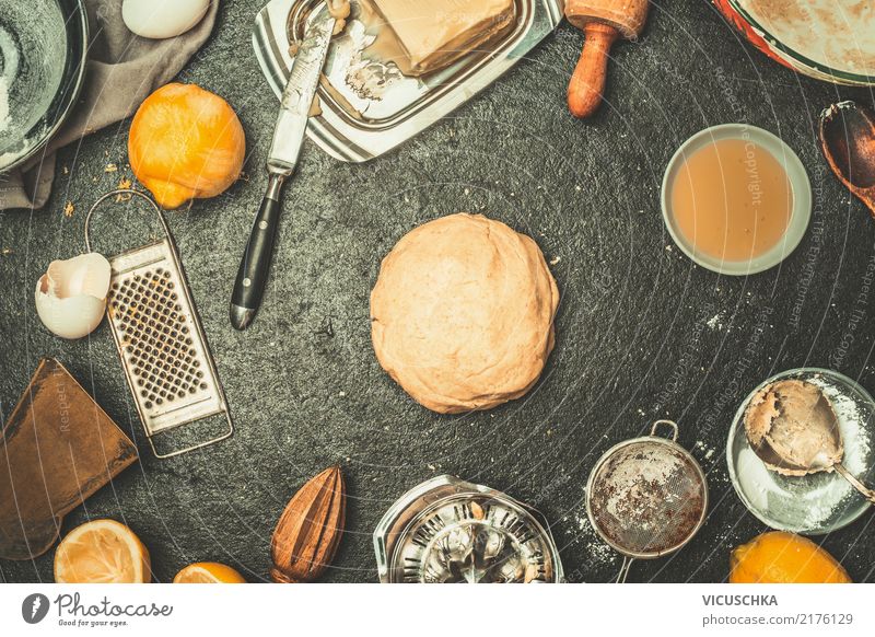 Fresh dough on the kitchen table with ingredients Food Dough Baked goods Bread Croissant Cake Nutrition Crockery Plate Bowl Knives Spoon Style Design