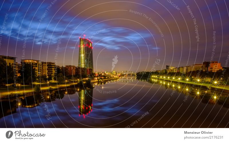 Dawn over Frankfurt Town Downtown Skyline High-rise Bank building European Central Bank Morning Main City Lure of the big city Warm light Warm colour