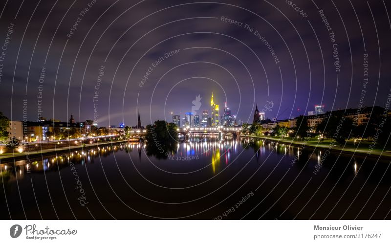 Mainhattan Skyline, Frankfurt am Main High-rise Town City River Hesse Germany Bank building Banking district Night Morning Dawn Blue Architecture