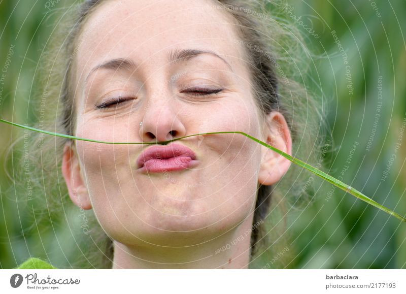 Leisure fun in nature Feminine Woman Adults Facial hair 1 Human being Nature Summer Grass Meadow Blonde Curl Smiling Funny Moody Joy Happiness