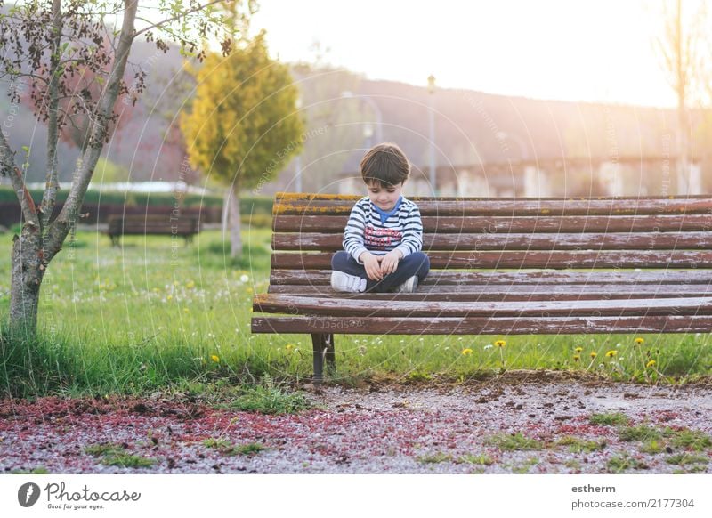Sad boy sitting in the field Human being Masculine Child Toddler Boy (child) Infancy 1 3 - 8 years Spring Plant Tree Garden Park Think Fitness Sit Cuddly Anger