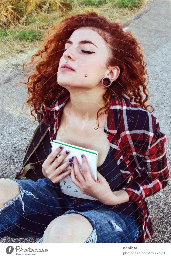 Young redhead woman holding a notebook Lifestyle Style Beautiful University & College student Human being Feminine Young man Youth (Young adults) 1