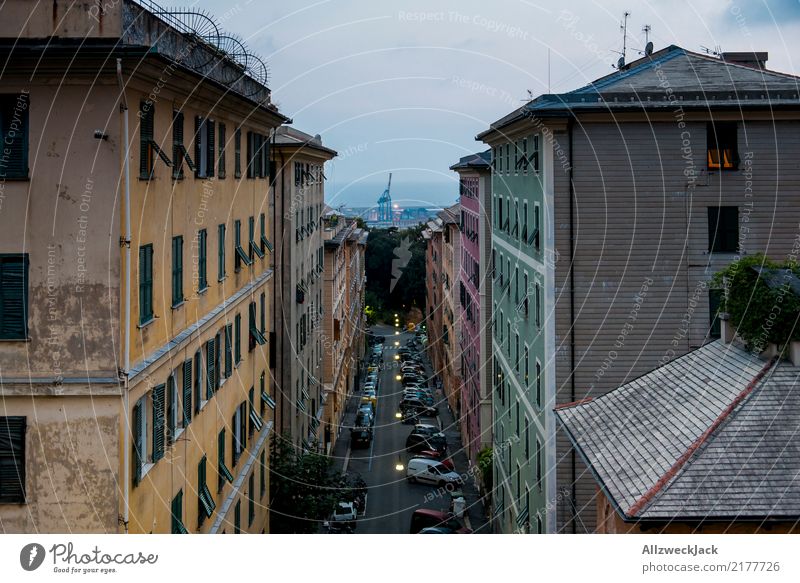 Street in Genoa overlooking the sea and the port Europe Italy Genua Port City Crane Container terminal Deserted Loneliness Apartment Building Escape