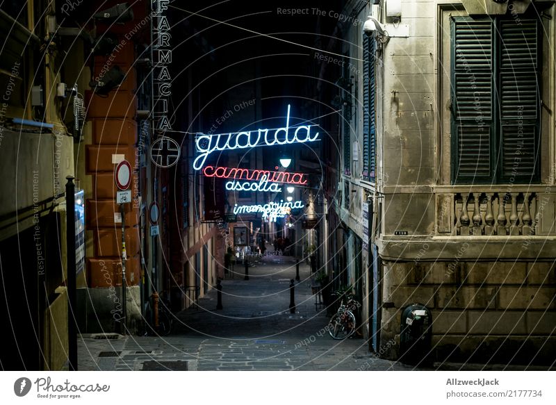 Lane with neon lettering in Genoa Vacation & Travel Sightseeing House (Residential Structure) Town Port City Street Loneliness Europe Italy Genua Alley