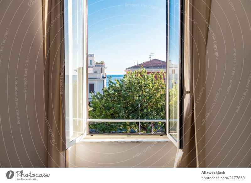 open window with sea view Day Window Open Vantage point View from a window Summer Beautiful weather Vacation & Travel Panorama (View) Ocean Blue sky Deserted