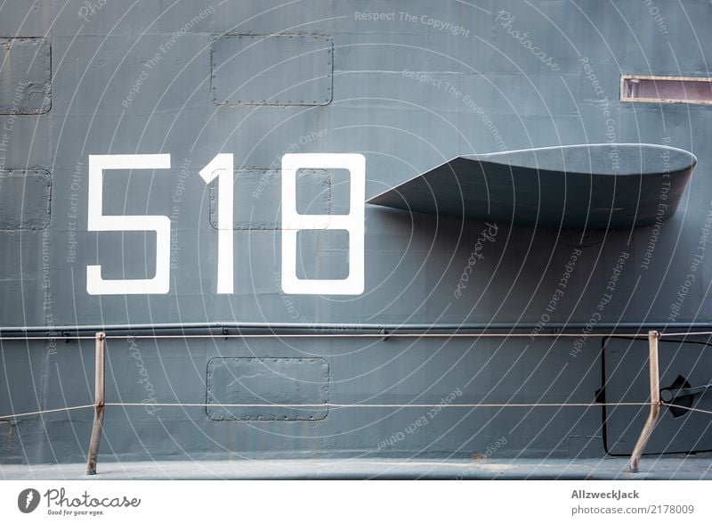518 b Colour photo Exterior shot Day Deserted Watercraft Navigation Submarine Digits and numbers Metal Old Maritime Gray Military Rivet Riveted Tin Typography