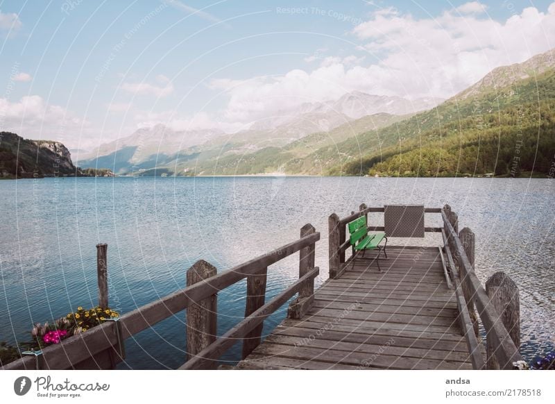 Wooden footbridge at Silsersee with mountains in the background wooden walkway Lake Peak Water Sunlight Landscape Nature tranquillity Idyll Calm Sky