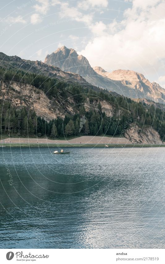 Fishing boat on lake Sils with mountains in background Lake Peak Water Sunlight Landscape Nature tranquillity Idyll Calm Sky Exterior shot Lakeside Light