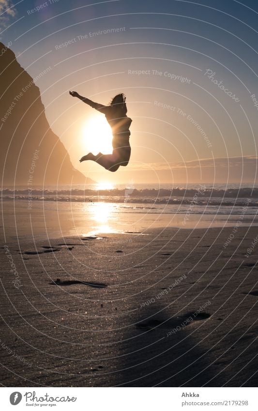 Joie de vivre, leap into the sun by the sea, Lofoten, summer Well-being Contentment Relaxation Calm Meditation Adventure Freedom Beach Ocean Young woman