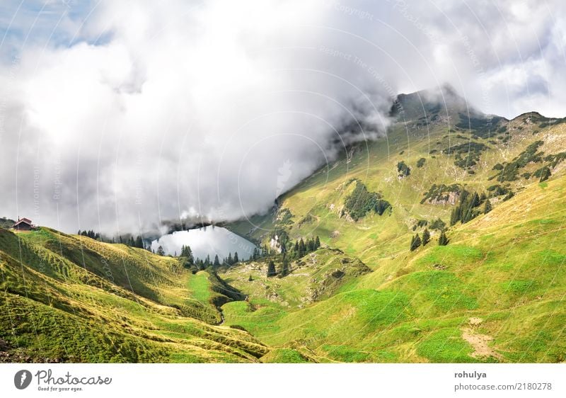 dense fog starts to cover alpine lake Seealpsee Vacation & Travel Mountain Hiking Nature Landscape Sky Clouds Summer Weather Beautiful weather Storm Fog Meadow