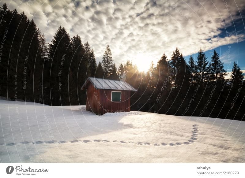 morning sunrise over cabin in winter alpine forest and snow Vacation & Travel Sun Winter Snow Mountain Hiking House (Residential Structure) Nature Landscape Sky