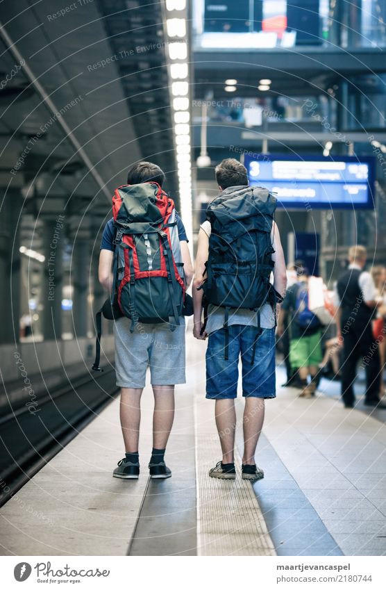 Two teenagers with backpacks at the train station in Berlin Human being Masculine Boy (child) Young man Youth (Young adults) Life 2 13 - 18 years Town