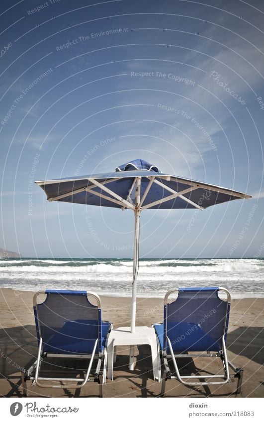 rush to relax Vacation & Travel Tourism Summer Summer vacation Beach Ocean Island Waves Sunshade Deckchair Couch Sky Clouds Crete Shadow Colour photo