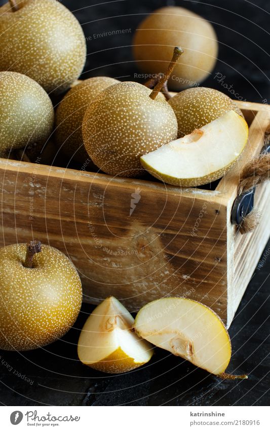 Nashi Pears (apple pears or asian pears) in a box Fruit Apple Dessert Vegetarian diet Old Dark Fresh Delicious Retro Yellow food japanese nashi wood vintage