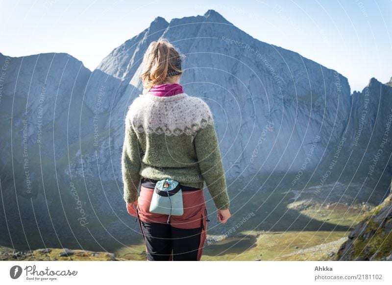 Young woman, Iceland sweater, Mountaineering, Norway, back view Athletic Adventure Far-off places Freedom Climbing Youth (Young adults) Nature Peak Canyon