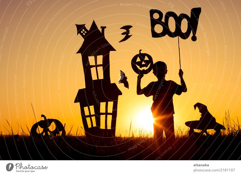 Happy little boy playing outdoors Lifestyle Joy Playing House (Residential Structure) Feasts & Celebrations Hallowe'en Child Human being Boy (child)