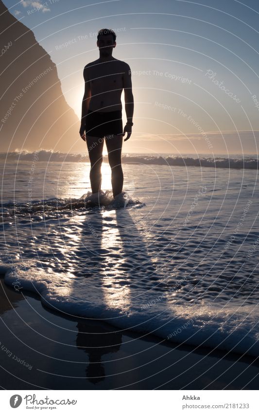 Man in the sea before sunset, wave Life Harmonious Well-being Contentment Senses Relaxation Calm Vacation & Travel Adventure Summer Summer vacation Sun Beach