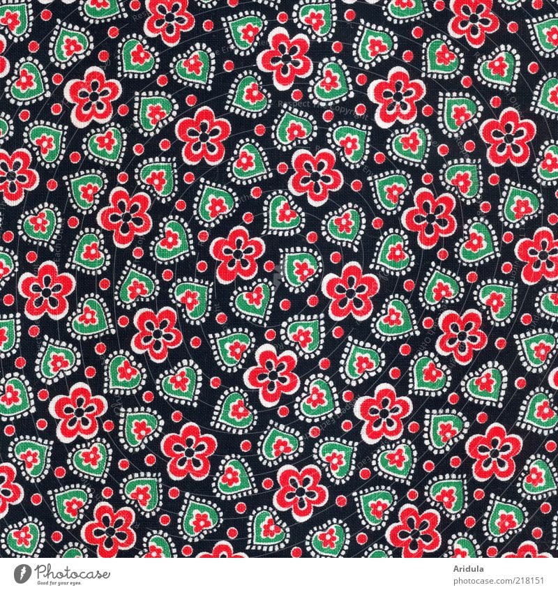 Fabric pattern, flowers and hearts Fashion Cloth Textiles Heart Design Black Red Green Point Cute Structures and shapes Pattern Cloth pattern Heart-shaped