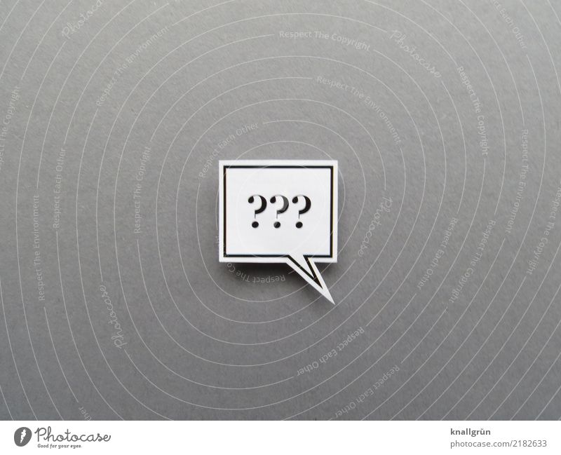 Three question marks in a square speech bubble Question mark Speech bubble Communicate puzzling Ask Neutral Background Sign Characters Colour photo