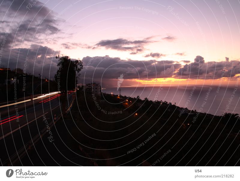 highway romance Sky Clouds Horizon Beautiful weather Coast Motoring Street Highway Moody Exterior shot Evening Twilight Panorama (View) Long exposure Light