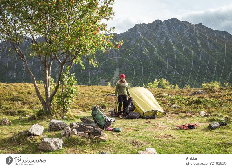 Small green tent under a tree in front of a massive mountain slope Vacation & Travel Trip Adventure Far-off places Freedom Summer vacation Mountain Young woman