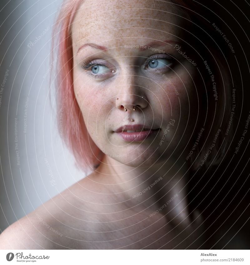 Portrait of a young, freckled woman at the window luck already Skin Face Senses Young woman Youth (Young adults) Freckles 18 - 30 years Adults Jewellery