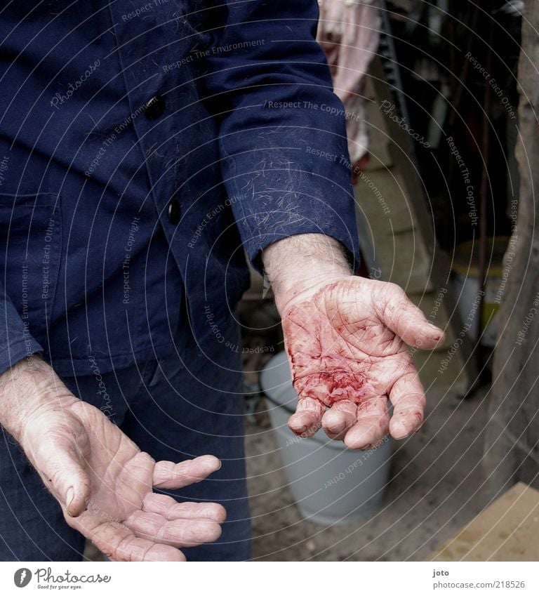 "For your hands are stained with blood..." Masculine Man Adults Hand Dirty Emotions Pain Killing Blood Murder Criminal Assassin Colour photo Exterior shot Clue