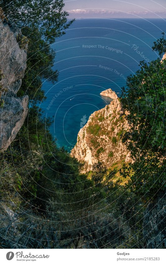 Point at Angelokastro II Nature Landscape Water Sky Clouds Summer Beautiful weather Plant Tree Bushes Hill Rock Coast Bay Ocean Corfu Boating trip Sailboat