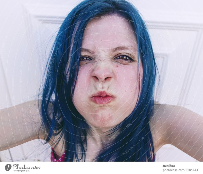 Young angry woman with blue hair Lifestyle Skin Face Freckles Human being Feminine Young woman Youth (Young adults) 1 18 - 30 years Adults Hair and hairstyles