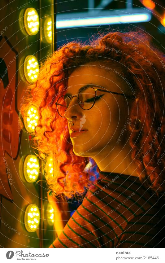 Young woman portrait illuminated by golden lights Lifestyle Style Design Exotic Night life Entertainment Party Event Going out Human being Feminine