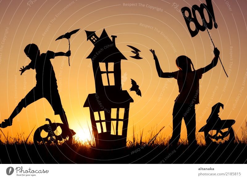 Happy brother and sister playing outdoors at the sunset time. Lifestyle Joy Playing House (Residential Structure) Feasts & Celebrations Hallowe'en Child