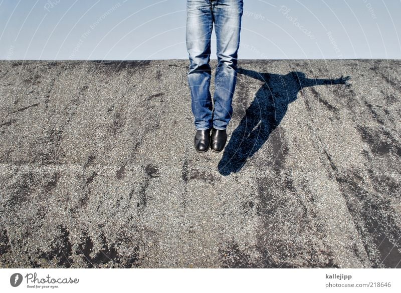 roof number Human being Legs 1 Jeans Boots Flying Jump Tar paper Colour photo Exterior shot Light Shadow Contrast Hover Easy Ease Weightlessness