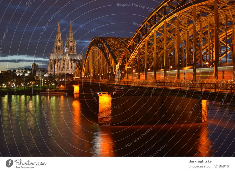 Cologne Cathedral with Rhine and Deutzer Bridge at evening time Elegant Vacation & Travel Tourism City trip Cruise Night life Architecture Landscape River bank