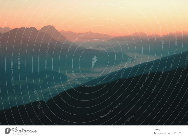 dawn Harmonious Calm Far-off places Freedom Mountain Environment Nature Landscape Sky Cloudless sky Horizon Sunrise Sunset Sunlight Autumn Hill Alps