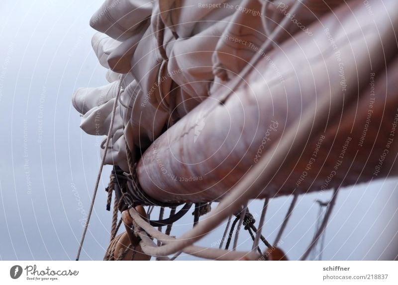Board in front of the Kopp Navigation Fishing boat Sailboat Sailing ship Rope Authentic Rigging Mast Bond Suspended Fog Clouds Deserted Copy Space left