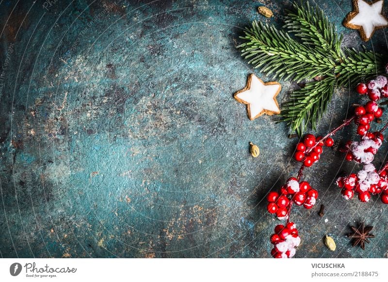 Christmas Background with Decoration Style Design Winter Christmas & Advent Retro Tradition Background picture Fir branch Cookie Star cinnamon biscuit