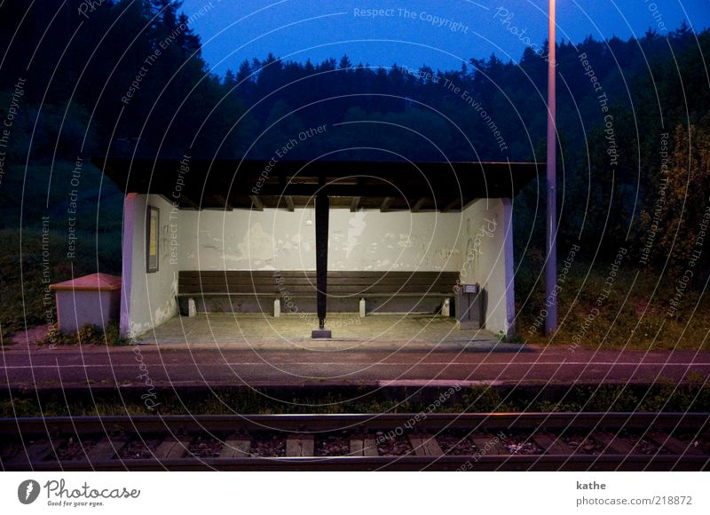 Etzelwang Deserted Train station Wall (barrier) Wall (building) Loneliness Surrealism Colour photo Exterior shot Evening Twilight Night Central perspective
