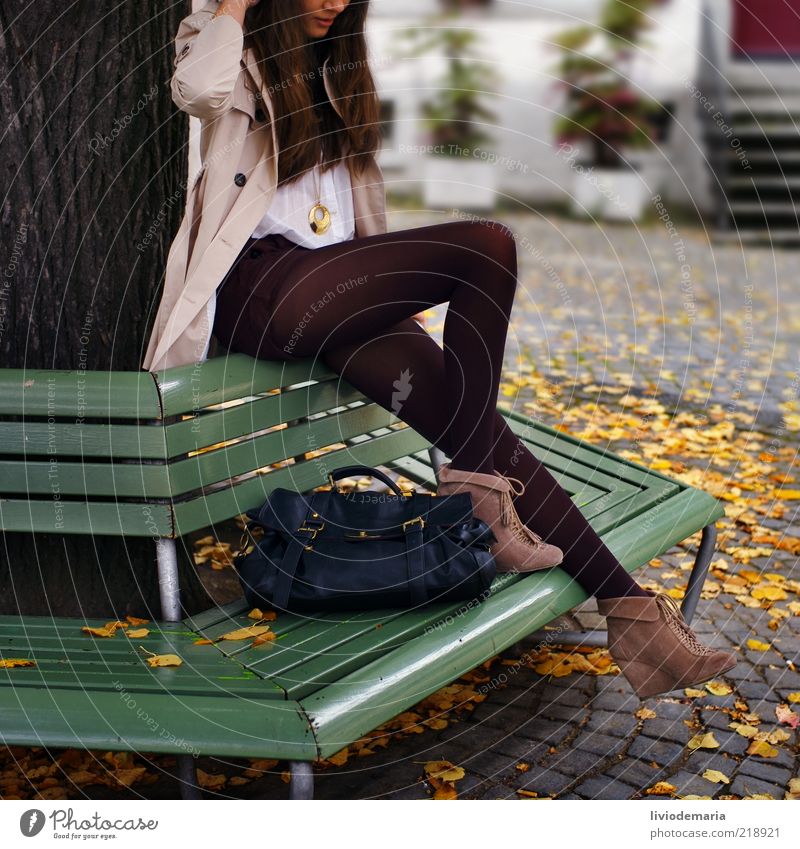 autumn Lifestyle Style Model Feminine Young woman Youth (Young adults) 1 Human being Autumn Tree Fashion Clothing Jacket Stockings Bag High heels Brunette Leaf
