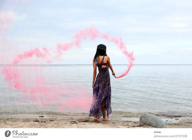 pink steam (II) Feminine Woman Adults 1 Human being Sky Coast Beach Baltic Sea Dress Black-haired Long-haired colour torch Stone Movement To hold on Stand