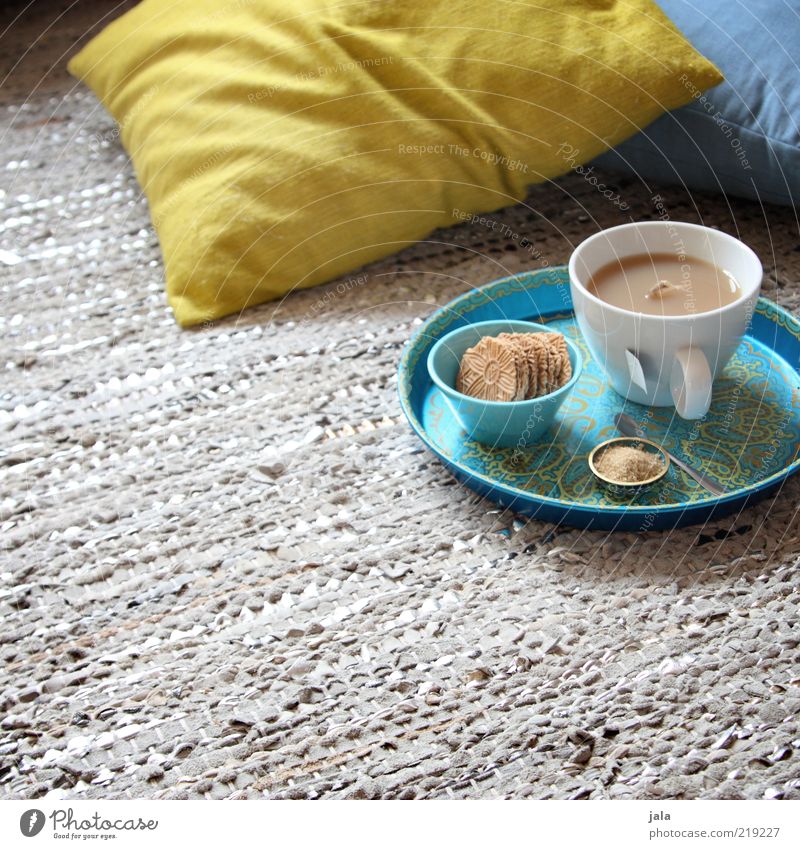 teatime Food Dough Baked goods Nutrition To have a coffee Beverage Tea Cup To enjoy Relaxation Cozy Cushion Carpet Tray Cookie Living or residing Colour photo