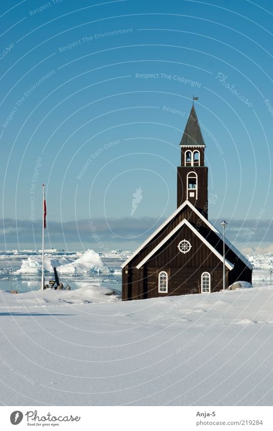 Ilulissat, Greenland Environment Landscape Sky Cloudless sky Climate Climate change Beautiful weather Ice Frost Snow Jakobshavn Deserted Church Blue White