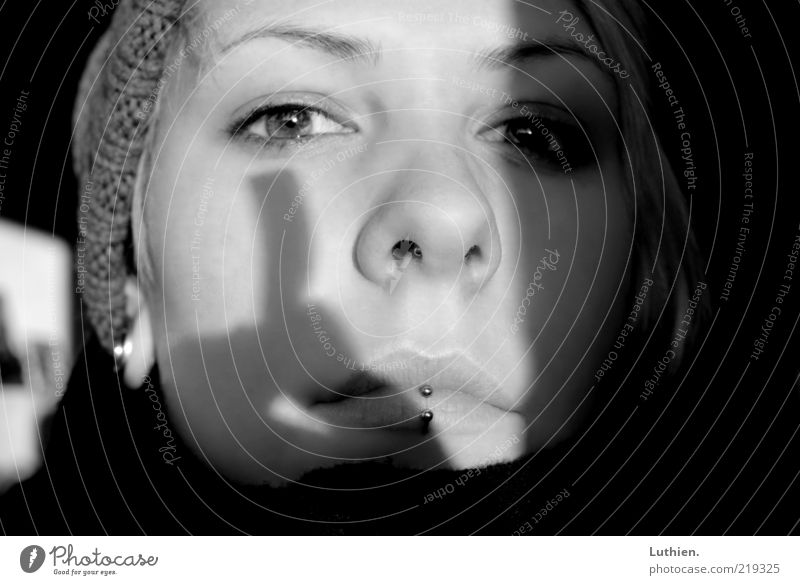 shadow play Human being Feminine Young woman Youth (Young adults) Woman Adults Head Face Eyes Nose Mouth Lips 1 Breathe Glittering Black White Cozy Cap Piercing